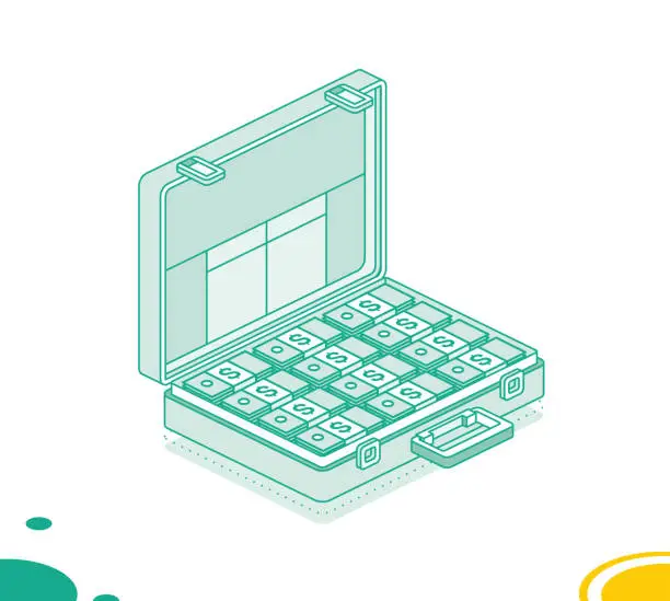 Vector illustration of Business briefcase with packs of dollars. Isometric outline concept. 3d object.