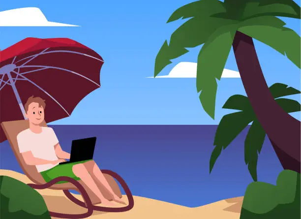 Vector illustration of Smiling young man with laptop works on coast scene flat style