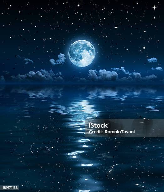 Super Moon And Clouds In The Night On Sea Stock Photo - Download Image Now - Sea, Moon, Night