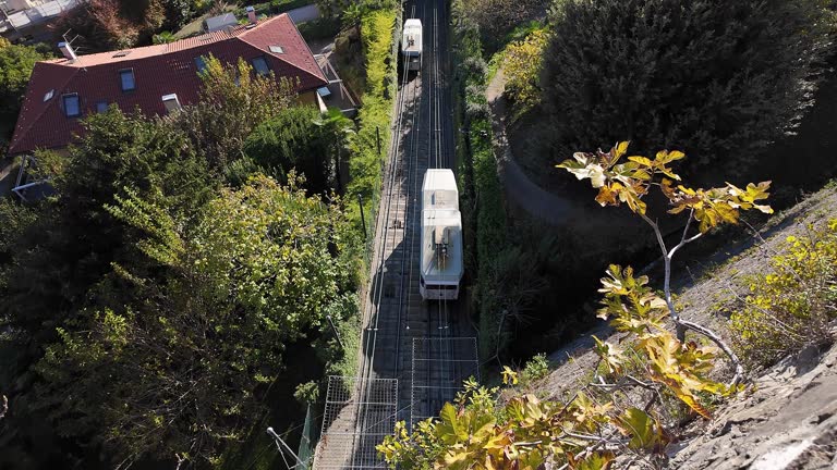 Bergamo, Italy. The Funicular from the lower city to the upper city. Scenic view from the venetian wall. It connects the new city with the old one for more 120 years