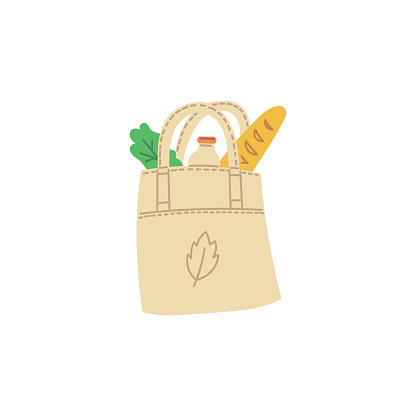 Fabric shopper with bread, bottle of milk and salad leaves flat style, vector illustration isolated on white background. Decorative design element, reusable, zero waste lifestyle