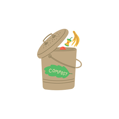 Fruits organic waste falling in compost bin. Recycling food waste and reduce trash concept. Isolated flat vector illustration.