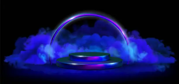 Vector illustration of Neon podium with blue smoke on ground backdrop