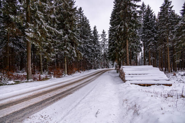 First winter hike through the snow-covered Thuringian Forest at Rennsteig station - Thuringia - Germany
