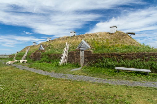 Reproduction of a Viking long hall in L'Anse Aux Meadows National Historic Site, Newfoundland