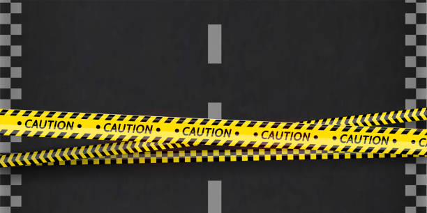 istock Black and yellow stripes set. Warning tapes. Danger signs. Caution ,Barricade tape, Do not cross, police, scene barrier tape. cartoon illustration on the road with markings 1819734119