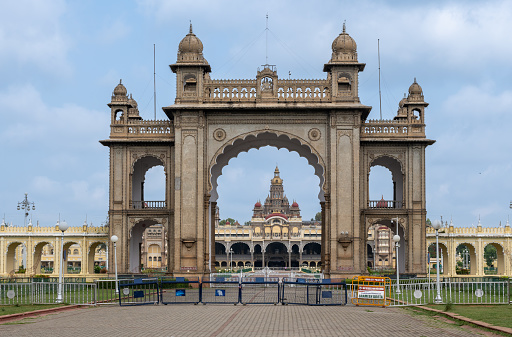 Front gate of Mysore palace in Mysore, Karnataka, India.