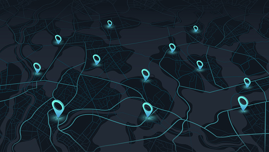 Map city with gps pins. Direction markers for navigation. Street, road, park, river on plan town. Alternative way with location system. Urban map with pointers. Urban map with information pointers, signs, arrows for travel. Vector illustration. Black background