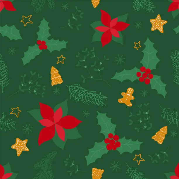 Vector illustration of Christmas holiday traditional decoration. Poinsettia gingerbread mistletoe holly pine star green red yellow. Hand drawn pattern vector illustration. Surface design home fabric stationery gift party