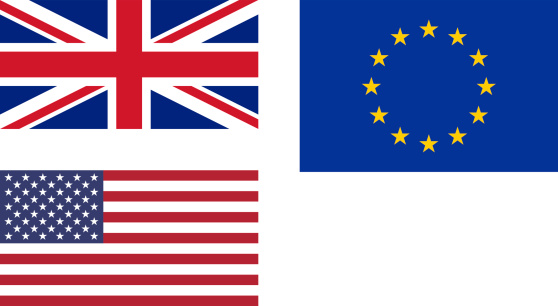 Flags of the United Kingdom (UK), European Union (Europe) and United States (USA)