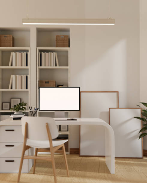 istock A modern, minimalist white home office or private office with a computer mockup on a modern desk 1819761380