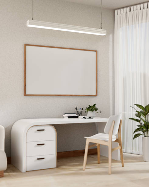 istock Interior design of a modern, minimalist white private office or home office with a modern white desk 1819762435