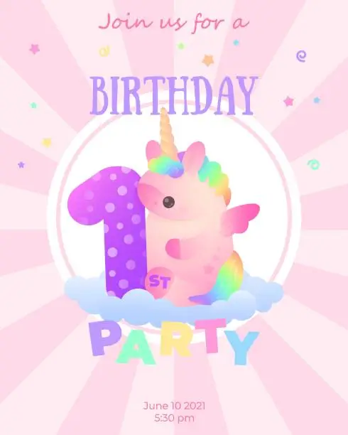 Vector illustration of Postcard with cute plump pink unicorn with rainbow hair and purple number 1 sitting on blue cloud with stars and stripes  around. Holiday, birthday illustration for greeting card, banner, party