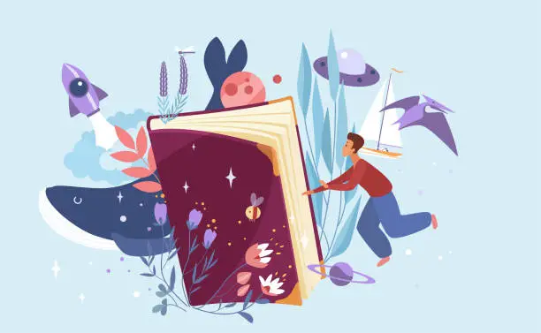 Vector illustration of Inspiration from reading books, tiny character opening paper book to enjoy adventure