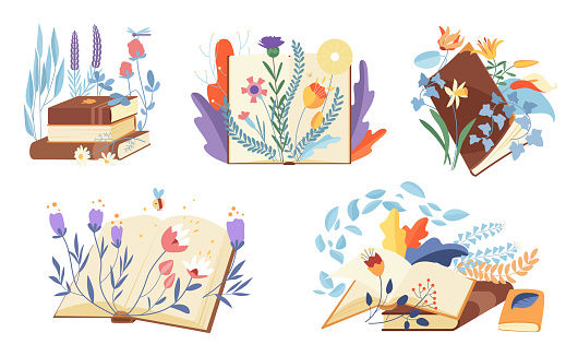 Books with spring and summer flowers and leaves set vector illustration. Cartoon isolated stacks of notebooks and paper textbooks with floral decoration, open and closed books with bouquets to read