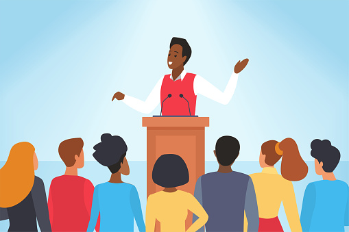 Confident speech of speaker in front of audience vector illustration. Cartoon young man orator standing behind podium with microphones to speak in front of crowd of people, presentation of leader