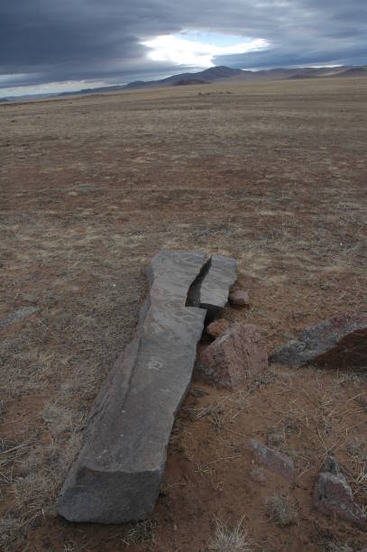 Stone steles in the lonely vast steppe of Bayankhongor province, Mongolia. stock photo