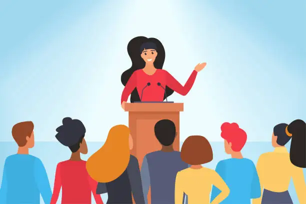 Vector illustration of Confident speech of speaker in front of audience, young woman orator standing behind podium