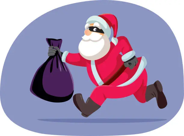 Vector illustration of Santa Thief Holding a Bag of Stolen Gifts Vector Cartoon