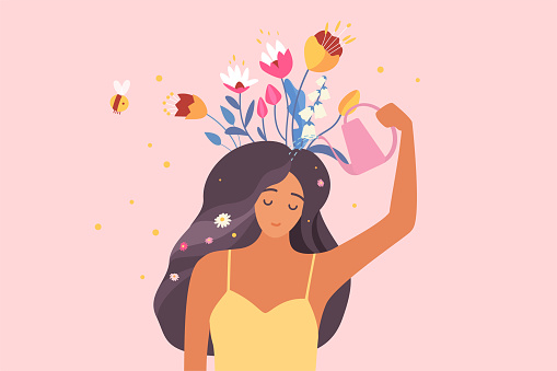 Self love, mental health, optimism vector illustration. Cartoon young happy woman holding watering can to water flowers growing from head, optimistic girl cares about wellbeing and personal growth