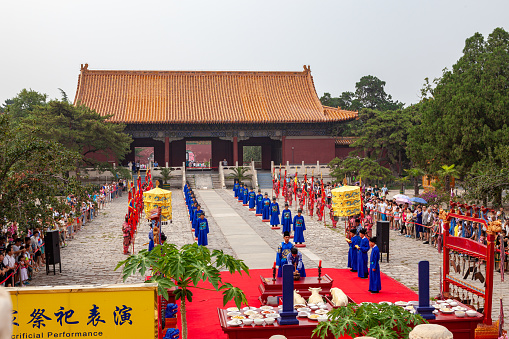 Night photo of dark Forbidden city. Only north gate is illuminated.