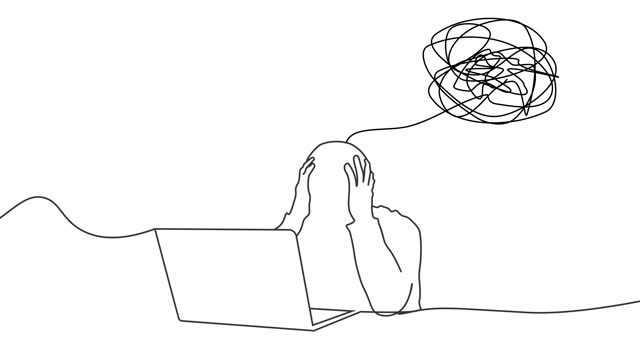 Stressed Man working on computer creative Concept of Difficult Task, Tired Person of work, Complicated Problem. Single Line Drawing Animation.