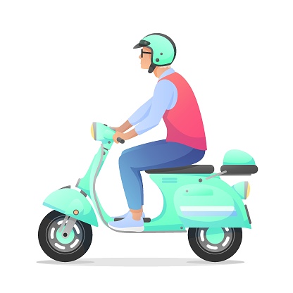 Green retro scooter, moped, motorbike with man, boy in blue jeans and red vest, isolated on white background. Vector illustration for design, flyer, poster, banner, web, advertising.