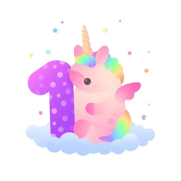 Vector illustration of Cute plump pink unicorn with  rainbow hair and purple number 1 sitting on blue cloud with stars around. Holiday, birthday  illustration for postcard greeting card, banner, party on white background