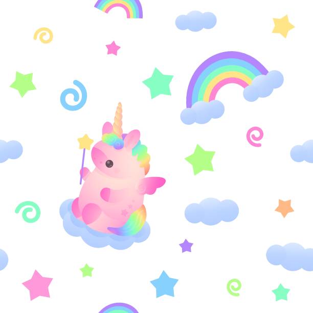 istock Seamless pattern with cute plump pink unicorn, rainbow and cloud with stars around. Holiday, birthday illustration for greeting card, banner, party 1819813066
