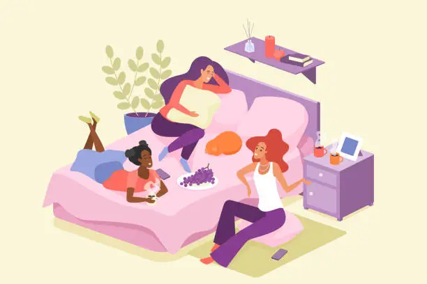 Vector illustration of Girls friends talk in bedroom on hen party, cute happy three female characters gossip