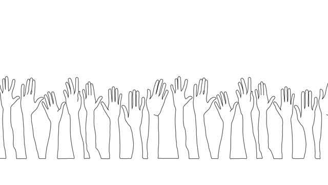 Hands Up Drawing Continuous Line Animation on white background. Many Hand Raised up. Concept of Crowd. Volunteers and Audience or Teamwork