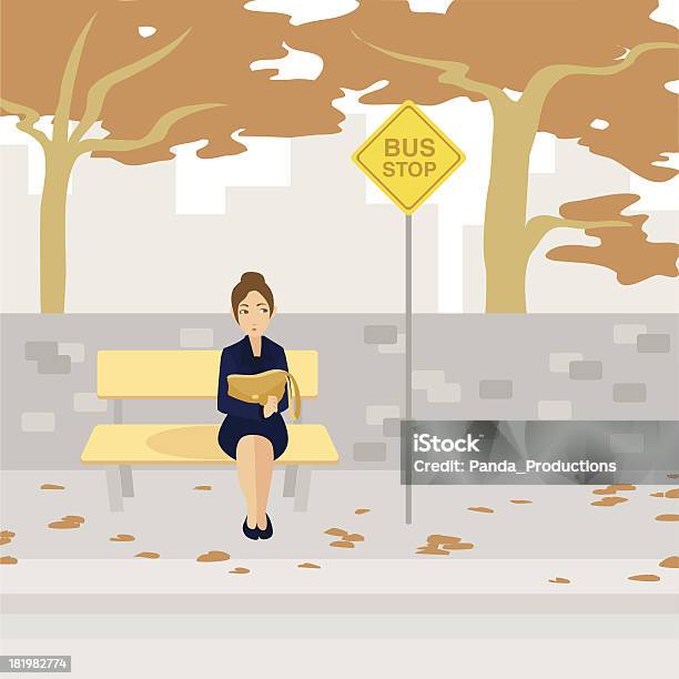 Деловая Женщина Ждет На Автобусной Остановке — стоковая векторная графика и другие изображения на тему Автобусная остановка - Автобусная остановка, Женщины, Бизнес
