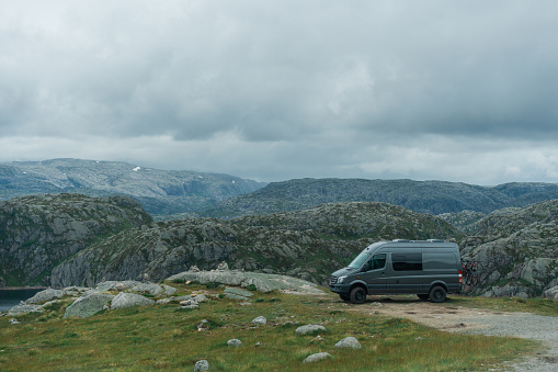 Scenic view of camper  van  parked in national park in Norway