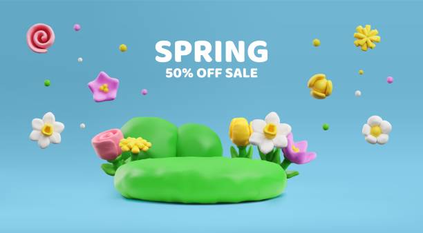 Realistic plasticine flowers on the lawn. Spring sale 50 off landing page with 3D clay texture beautiful tulip, chamomile, daffodil with leaves. Vector dough modeling blossom advertising design