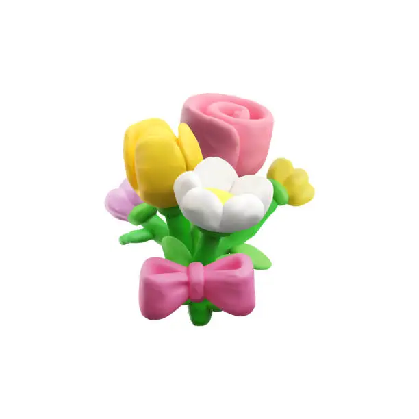 Vector illustration of Bouquet of flowers, plasticine art, realistic 3D vector illustration.