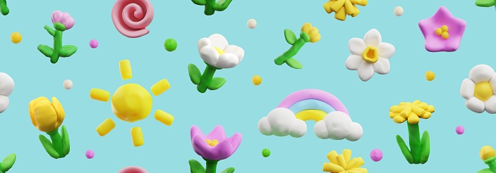 Spring seamless pattern, realistic 3D render in plasticine art, vector illustration. Cute cartoon plants and flowers, sun and rainbow. Botanical nature design with volume and textured toy objects.