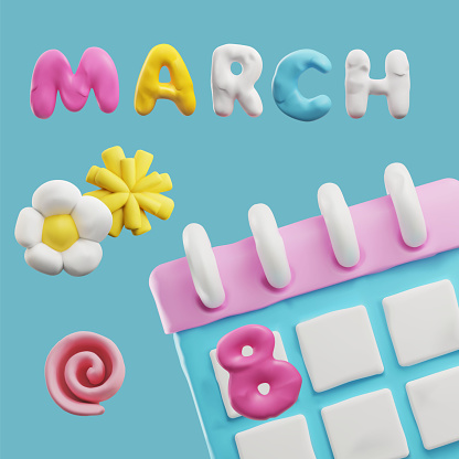 Banner with plasticine calendar and flowers about 8 March 3D style, vector illustration on blue background. Decorative design, International Women's Day, spring holiday