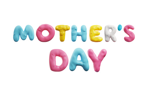 Colorful plasticine inscription Mother's Day 3D style, vector illustration isolated on white background. Decorative design element, holiday, blue, pink and yellow letters
