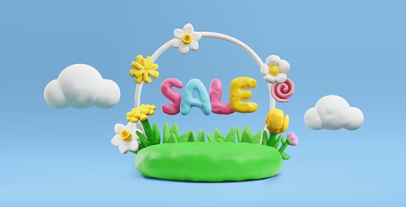 Banner with plasticine green meadow and arch about sale 3D style, vector illustration isolated on blue background. Decorative design with text, clouds and nature