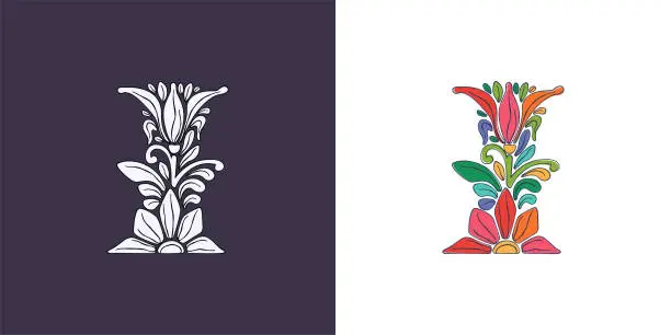 Vector illustration of Letter I logo with botanical and flower pattern. Traditional leaves and curved lines embroidery ornament.