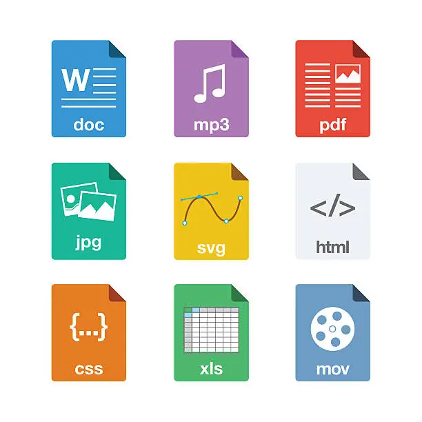 9 different multi-colored file icons in a flat or metro graphical style representing these formats: .doc, .mp3, .pdf, .jpg, .svg, .html, .css, .xls, and .mov.