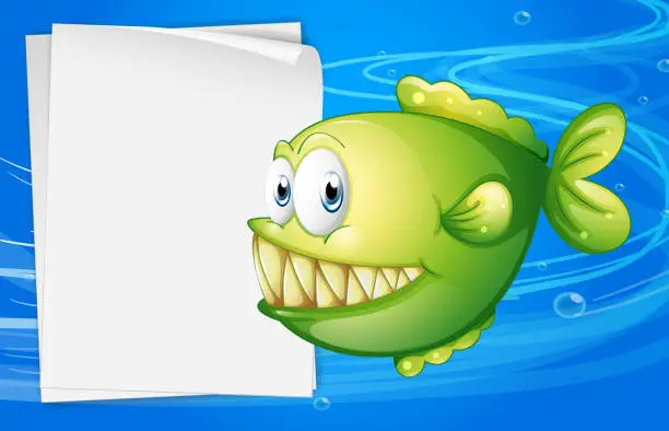 Vector illustration of green piranha beside an empty signboard