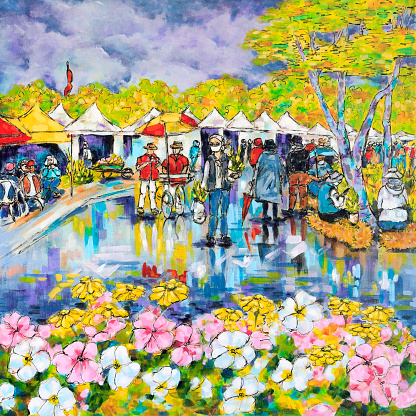 Gardeners' Market on a rainy day, with people walking, sitting, and musicians playing. An original acrylic painting by Judi parkinson.