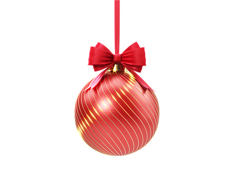 Gold striped red Christmas bauble tied with red velvet ribbon over white background. Clipping path included. Horizontal composition with copy space. Great use for Christmas related concepts.