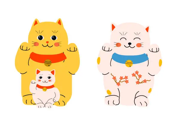 Vector illustration of oriental neko cats figurine as symbol wealth