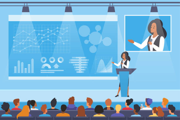 Scientific medical conference and lecture in auditorium, scientist training students Scientific conference and lecture of speaker in auditorium vector illustration. Cartoon female scientist training students on science event or symposium, presentation speech of professor on stage presentation speech stock illustrations