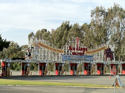 Six Flags Magic Mountain logo sign Marquee on highway, Los Angeles, USA, May 29, 2015