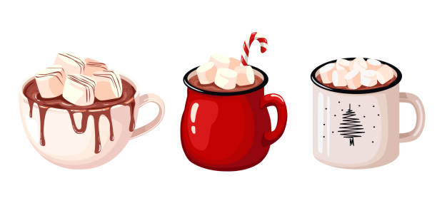 Set of cups of hot chocolate with marshmallows. Vector illustration. A cup of hot chocolate with marshmallows. Vector illustration. marshmallow chocolate stock illustrations