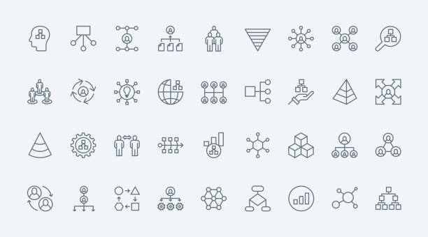 illustrations, cliparts, dessins animés et icônes de organisation des graphiques, ensemble d’icônes de ligne fine, structure hiérarchique du département de l’entreprise - pyramide structure bâtie