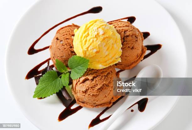 Ice Cream With Chocolate Syrup Stock Photo - Download Image Now - Chocolate, Ice Cream, Plate